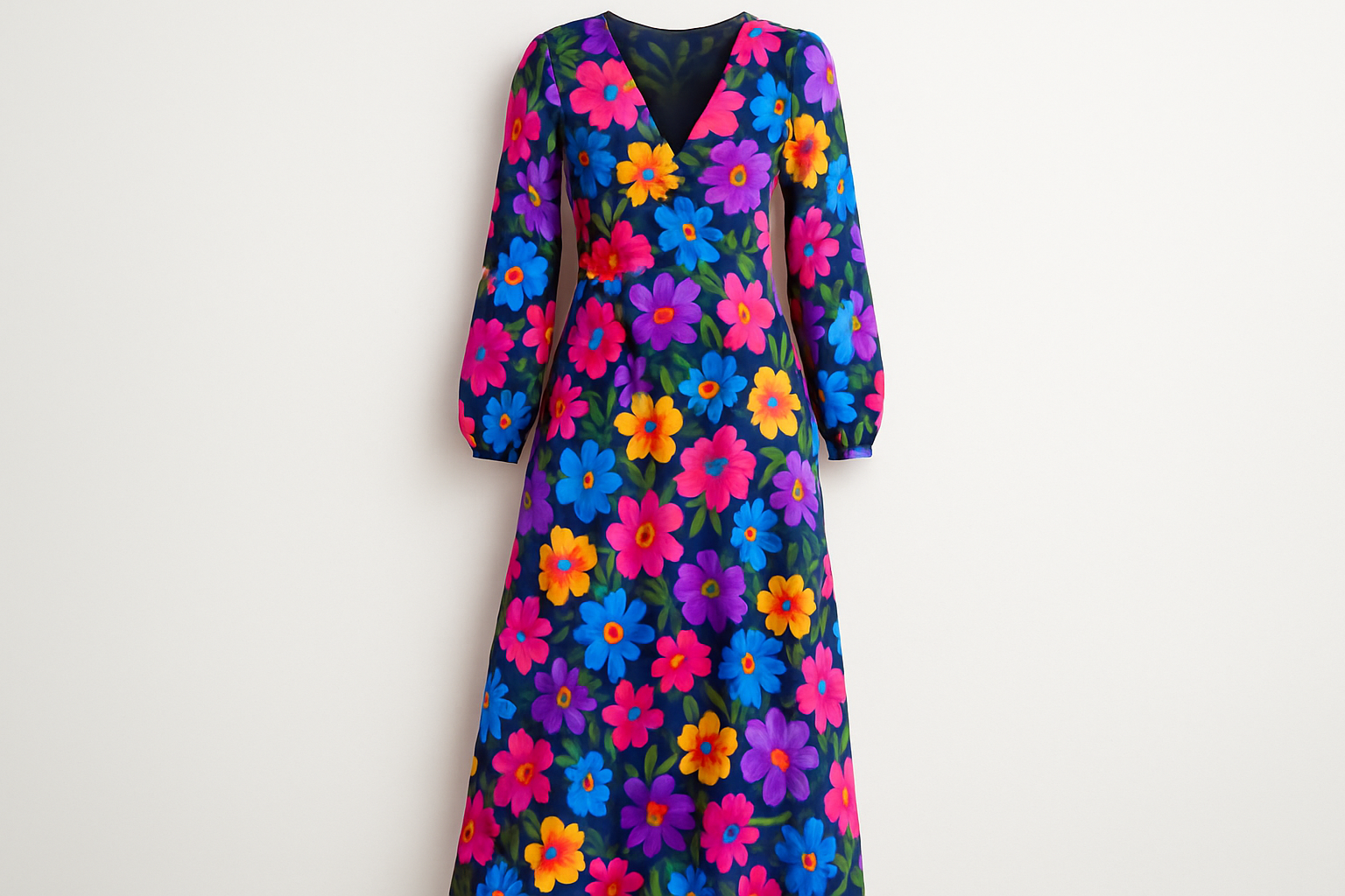 Long sleeve V-neck maxi dress with vibrant floral pattern
